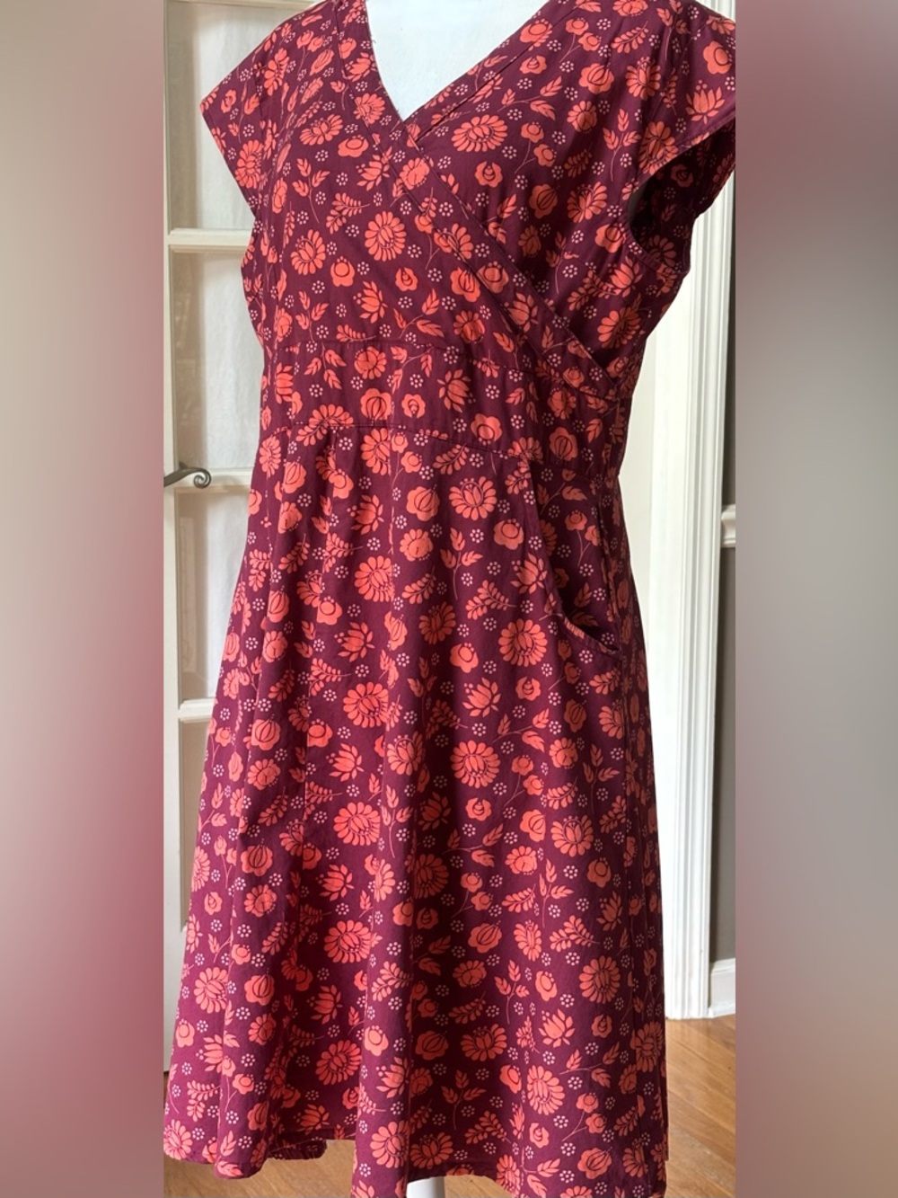 Mata Traders Floral Wrap Dress Burgundy Red Boho Cotton Pockets XL
